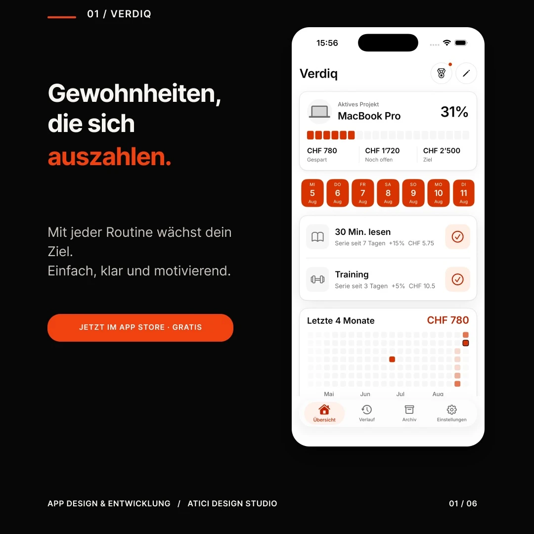 Verdiq Produktvorstellung mit iPhone-Ansicht und Sparziel