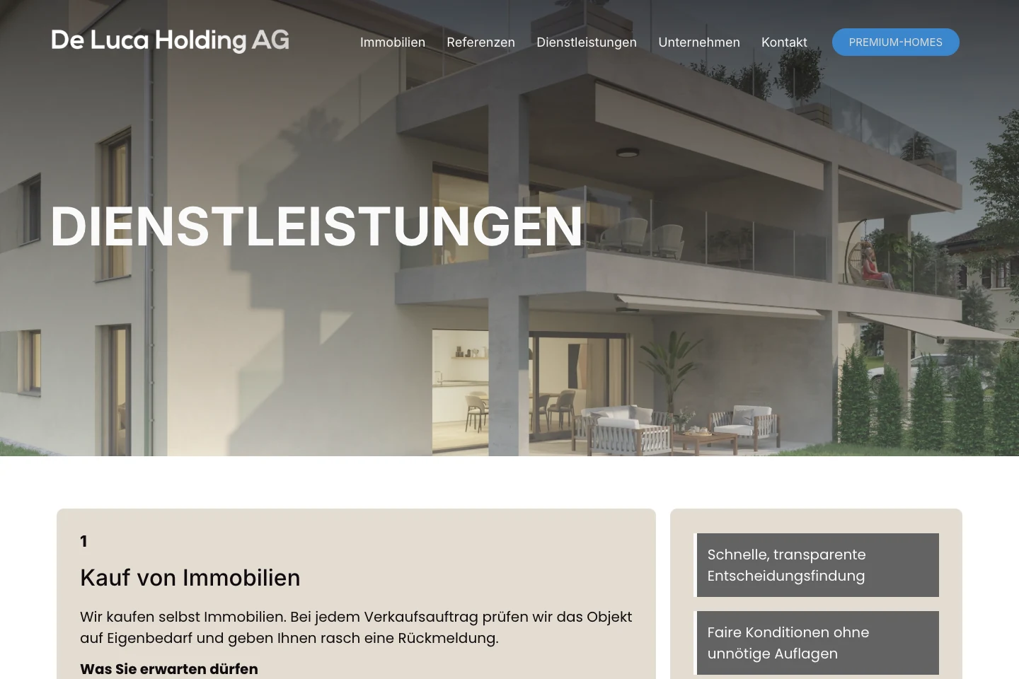 Dienstleistungen – Die Immobilienleistungen der De Luca Holding AG im Überblick.