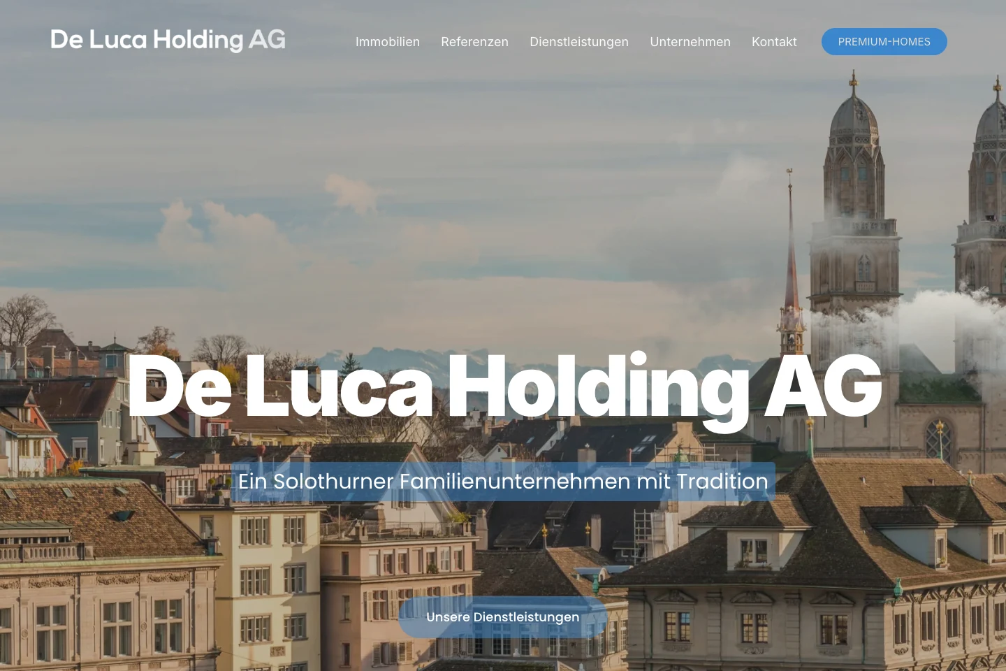 Startseite – Die De Luca Holding AG mit Stadtansicht und Einstieg in den Webauftritt.